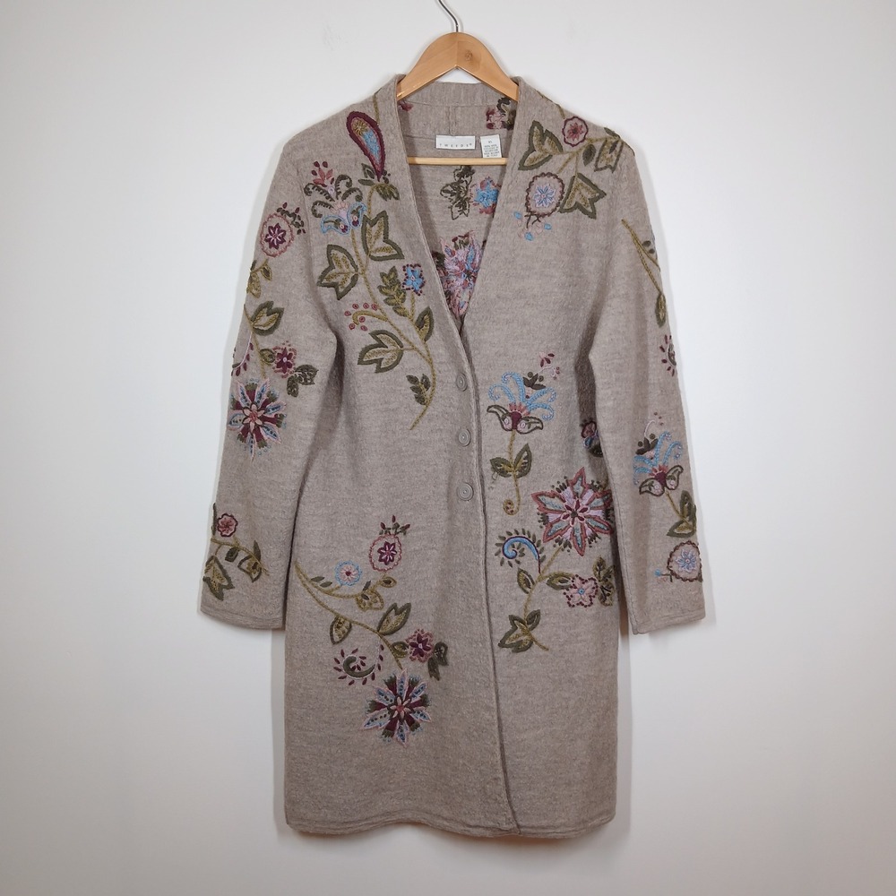 Tweeds Cardigan Womens XL Beige Wool Floral Embroidered Long Button Front